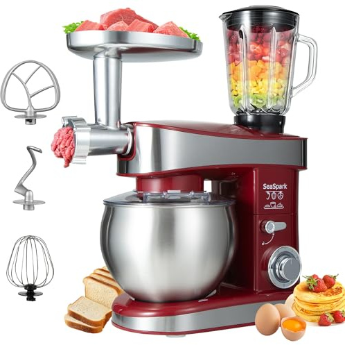 SeaSpark Küchenmaschine, 6 L Knetmaschine 1200W, 6 Geschwindigkeits Küchenmaschine, Teigmaschine mit Rührhaken, Knethaken, Schneebesen und Spritzschutz, Rot