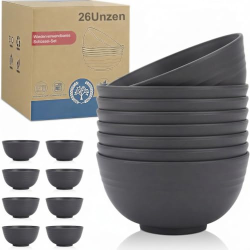 Wrova Wiederverwendbar Müslischüssel aus Kunststoff – Unzerbrechliche Plastikschüssel-Set mit 8 Stück – 750 ml Leicht Suppenschüssel, Mikrowellengeeignete Camping Schüssel – Dunkelgrau
