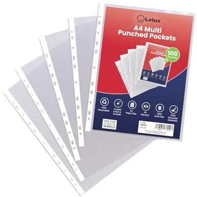 Punched Pocket A4 Strong 45 Micron Transparent Poly Wallets Glass Clear Sheet Protector Sleeve (Pack of 100 x 1) (Lotus)