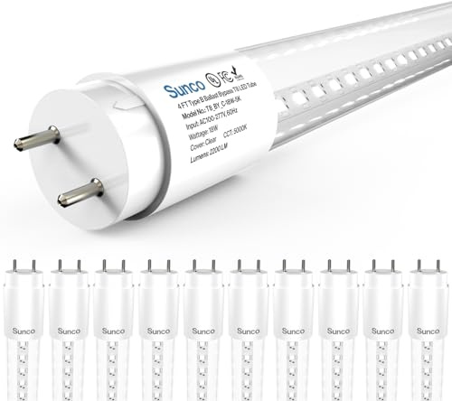 Sunco 10 Pack T8 LED Bulbs 4 Foot, Tube Light Bulbs Ballast Bypass, 48 Inch Fluorescent Replacement, 2200 LM, 18W, 5000K Daylight, Single Ended Power, Type B, Clear Lens UL
