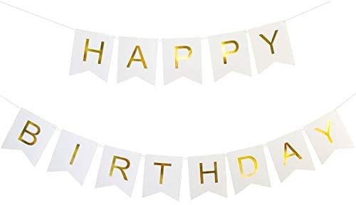 KaLuc Happy Birthday Banner, White and Gold Birthday Decorations and Party Supplies