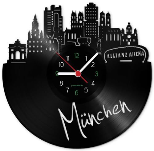 GRAVURZEILE Schallplattenuhr - Skyline München - Wanduhr aus gegossenem Vinyl mit Stadt Skyline 30 cm - Upcycling Design-Uhr Wand-Deko Vintage Wand-Dekoration Retro-Uhr - Made in Germany