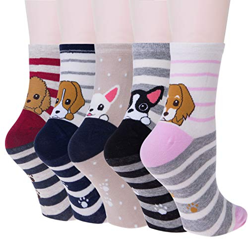 Justay 5Paries Chaussettes en Coton Respirent pour Femme Fille Automne Hiver Motif d’Animaux Chien Chat Panda Mignonnes Kawaii ,A-mix 4(Multicolore),Taille unique