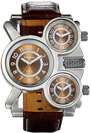 JewelryWe Vatertagsgeschenk Herren Einzigartig Übergroße Armbanduhr DREI Zeitzone Analog Quarz Uhr Sportuhr mit schwarz Leder Armband