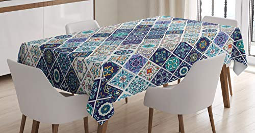 ABAKUHAUS traditionell Tischdecke, Portugiesisch Retro Tile, Pflegeleicht mit Modernster Druck Technologie Waschbar und Personalisiert, 140 x 200 cm, Türkis Blau Beige
