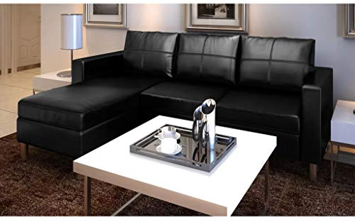 Festnight Kunstleder 3-Sitzer Ecksofa | Lounge Sofa L-Form | Polstersofa mit 3 Sitzpolster und Rückenkissen | Wohnzimmersofa Bettsofa Schlafsofa Schwarz