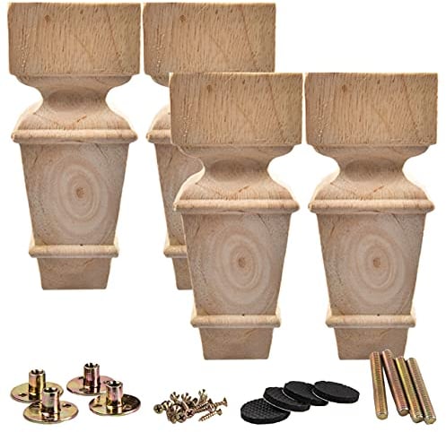La Vane 6 inch / 15cm Wooden Furniture Legs, Set of 4 Solid Wood Carved Geometry Unfinished Replacement Bun Feet with Mounting Plate & Screws for Sofa Cabinet Couch Table TV Stand