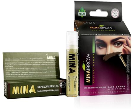 MINA ibrow Henna Tönungsset mit pflegender Öl | Kein Ammoniak | Vegan & tierversuchsfrei | Bis zu 30 Anwendungen|Sofortiges Augenbrauen-Tönungsset mit Tattoo-Effekt (dark brown.)