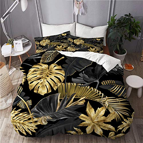 ELIENONO Bettwäsche-Set,Vektor Nahtlose Muster Gold schwarz tropisch,Dekoratives 3-teiliges Bettwäscheset mit 2 Kissenbezügen,Einzelgröße(135 x 200cm)