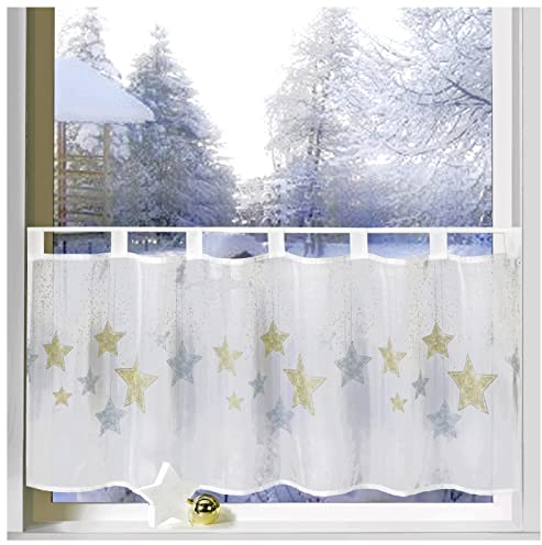 heimtexland ® Scheibengardine Weihnachten 45x120 Dekoration Fenster-Deko Weihnachts-Gardine Sterne Gold Silber Typ651