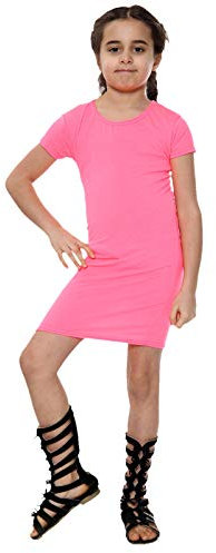 Gum & Berries Girls Bodycon Dress Midi Plain Long Dresses Stretch Round Neck Short Sleeve Outfit Neon Pink - 5-6 Years