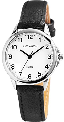 Just Watch Brigitt Damen-Uhr Echt Leder Klassisch Elegant Analog Quarz JW10069 (schwarz)