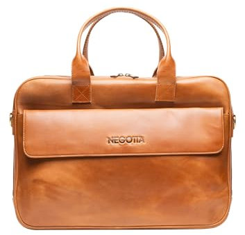 NEGOTIA Alpha Laptoptasche 15,6 Zoll, Premium Laptop Tasche aus Vollnarbenleder, Business Laptoptasche 15.6 Zoll, Robuste mit Schultergurt, Braun