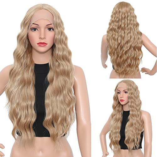 Sangrui Perücke Blond Lace Front Perücke Lang Lockige 75 cm Kunsthaar Mittelteil Nature Wavy Welle Lange Cosplay Party Gemischtes Blond Perücken für Frauen Curly Body Wave Long Lace Front Wigs Women