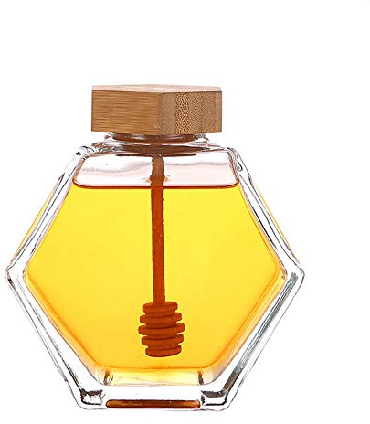 QUUPY 1PCS Honey Jar Clear Empty Refillable Glass Honey Dispenser Hexagon Honey Pot Container with Wooden Dipper and Cork Lid for Home Kitchen Restaurant
