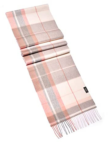MayTree Kaschmir-Schal für Damen und Herren - Weicher Wollschal aus 100% Kaschmir, kariert, 180 x 30 cm - Luxuriöser Winter-Schal - Tartan Grau Rosa Weiss