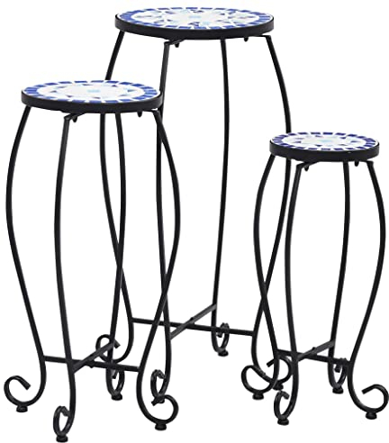 Makastle 3er Set Blumenhocker Beistelltisch Gartentisch Blumentisch Blumenständer Mosaik Tische Blau und Weiß Keramik