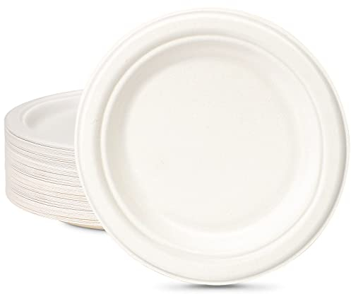 GREENESAGE Piatti usa e getta, 100 pezzi, 18 cm, bianchi, rotondi, piccoli, monouso, a canna da zucchero, usa e getta, piatti per feste, piatti di carta biodegradabili, 100 pezzi