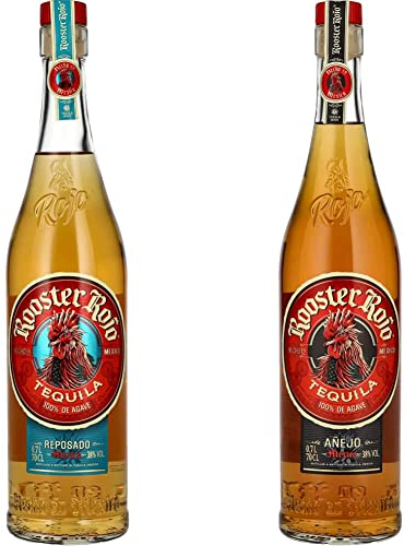 Rooster Rojo Tequila Reposado 100% Blue Agave - 38% Vol 70cl (0.7 Litre) Glass Bottle & Rojo Tequila Anejo 100% Blue Agave - 38% Vol 70cl (0.7 Litre) Glass Bottle