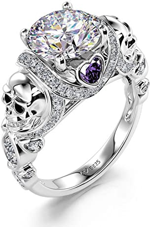 Jeulia Schädel Verlobungsring Sterling Silber Skull Halloween Damen Schmuck Rundschliff Zirkonia Diamant Band Totenkopfring Persönlichkeit Frauen Hochzeitsringe Geschenk (63（20.2）, Enduring Love)