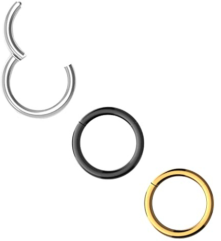 Body CAC 3 Stück-1,2mm×8mm 316L Chirurgenstahl Hinged Rings Hoop Septum Ringe Piercing Lip Helix Knorpel Rook Ohrringe, Gold/Silber Ton/Schwarz