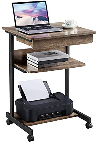 Yaheetech Table Informatique Bureau d'Ordinateur Portable Roulant Poste de Travail 56 x 51 x 79 cm Gris avec 1 Tiroir et 2 Etagères Bois de Taupe
