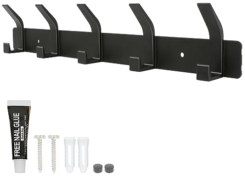 YUNISS Garderobenhaken Kleiderhaken Wand, Garderobenleiste Hakenleiste Aluminium mit 5 Haken, Wandhaken Ohne Bohren Flur Schlafzimmer Badezimmer (Schwarz)