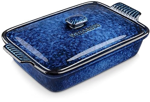 vancasso Cacerola estrellada, plato para hornear de 3.8 cuartos de galón para horno, sartén grande para lasaña con tapa antiadherente, cacerola de gres de 9x13 pulgadas con tapa, lavavajillas, azul