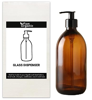 Fam Organic 500ml/17oz Amber Brown Glass Soap Dispenser Bottle with Black Plastic Pump - Refillable for Lotion, Shampoo, Conditioner, Body Wash, Hand Wash, Liquid Toiletries - BPA Free (1x 500ml)