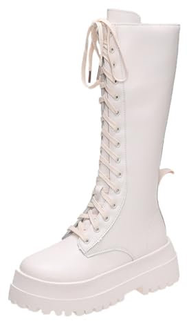 Stivali da Cavaliere Allacciati Stivali con Fondo Spesso in Stile Britannico Stivali Alti Donna Stivali Autunno e Inverno Tacco Spesso Colore Solido Fondo Spesso Stivali da Motociclista