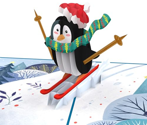 papercrush® Pop-Up Karte Weihnachten „Pinguin auf Skiern“ - Lustige 3D Weihnachtskarte für Kinder, Frauen und Skifahrer, Weihnachtliche Geburtstagskarte für Mädchen, Jungen, Freundin und Freund