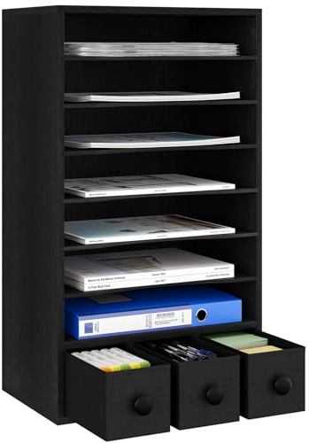 EasyPAG 8 Tier Wood Desktop A4 in Tray Office Desk Tidy File Holder Paper Organiser Magazine Storage Filing Rack with 3 Drawer,Black
