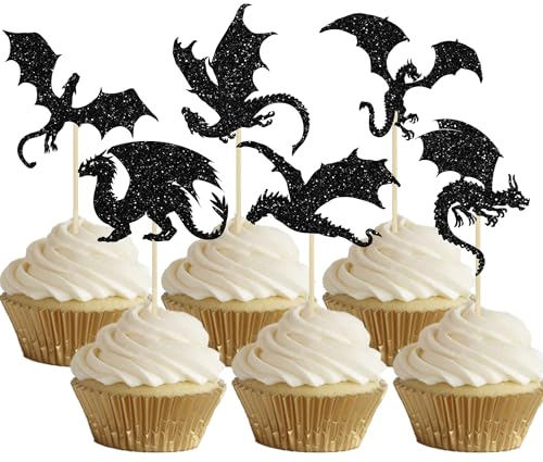 24Pcs Dragon Cupcake Toppers Glitter Dinosaur Birthday Cupcake Picks for Flying Dragon Theme Baby Shower Kids Birthday Party Cake Decorations Supplies Black