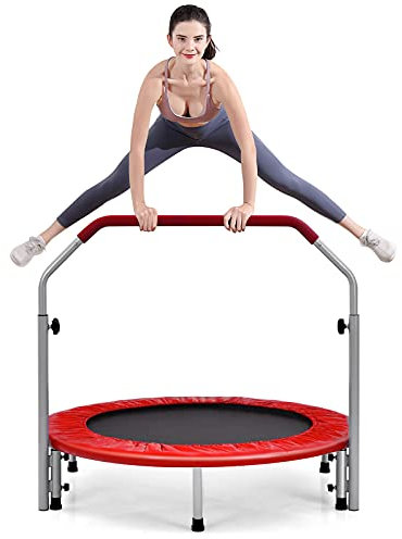COSTWAY 40 Mini Trampoline, Foldable Fitness Bouncer with 4-Level Adjustable Foam Handle and Safety Padded Cover, Indoor Outdoor Exercise Rebounder Workout for Kids & Adults (Red)