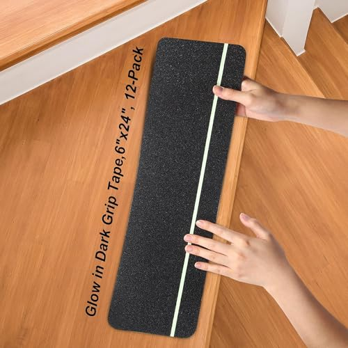 Antirutsch Klebeband Glow, OQingluian 15cm*60cm 12pcs, Antirutsch Treppe, Antirutsch Klebeband Leuchtet im Dunkeln, Verhinderung von Ausrutschern & Stürzen