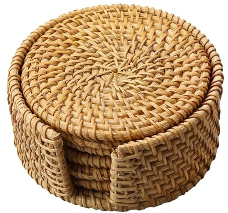 Tabanzhe Handmade Woven Rattan Coasters with Holder - Round Natural Cup Mats for Drinks,Tea Cups,Place-mats,Weave Cup Mat Decor, Decorative Cup Holder for Kitchen Table Beverages