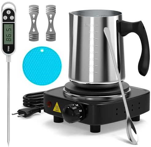 NOPWOK Kerze Making Kit mit elektronischer Kochplatte, Kerze Making Kit für Erwachsene, DIY Starter Kerze Making Supplies, mit 900ml Kerze Make Gießtopf, Rührlöffel, Wicks Halter, Thermometer