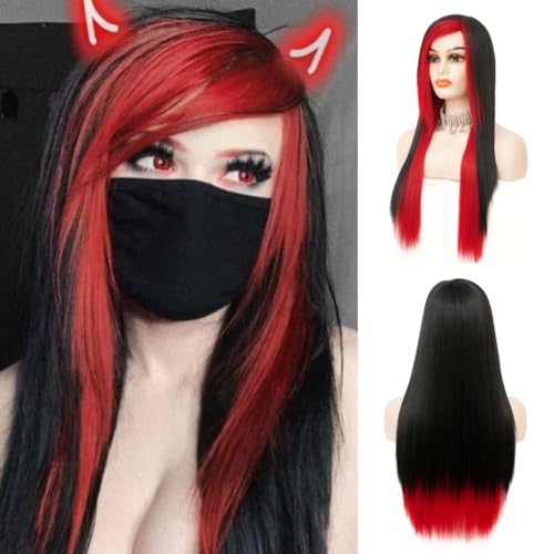 Siudus Frauen Rot und Schwarz Lange Perücke Gerade Seitenteil Gothic Hair Perücke Hitzebeständige Faserperücke für Cosplay Halloween Gebrauch