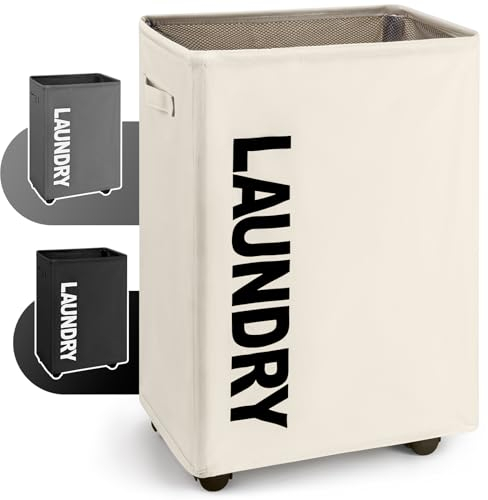 Virklyee Faltbarer Wäschekorb mit Rädern 63L Oxford-Stoff Wäschesammler Wäschetonne mit Griffen Groß Wasserdichter Wäschebehälter Aufbewahrungskorb, von Schmutziger Kleidung, Spielzeug(Beige)