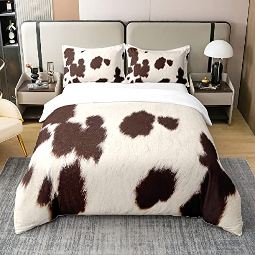 Loussiesd Kuhfell Gedruckt 100% Baumwolle Bettwäsche Set 220x240cm Rustikales Bauernhaus Kuhfell Druck Betten Set Western Farm Tier Haut Braun Weiß Bettbezug Set Ultra Weich Bettbezug Blatt