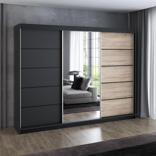 A&J MöbelLand Schwebetürenschrank VILANO 2, 3-türig Schrank 200 cm Kleiderschrank mit 4 Schubladen, und Spiegel (Weiß, Schwarz, Somona) (Schwarz/Sonoma/schwarz)