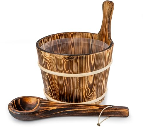 SAUNAINTER Yakisugi - Cubo de sauna con paleta, juego de accesorios para sauna, madera carbonizada, inserto de plástico, cubo de sauna, cubo de infusión (7 L)