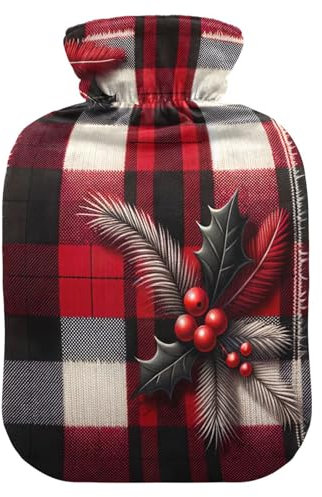 Christmas Buffalo Plaid Hot Water Bottles with Soft Cover Hand Feet Warmer Hot Water Bag for Neck, Shoulder and Menstrual Cramps, 1L