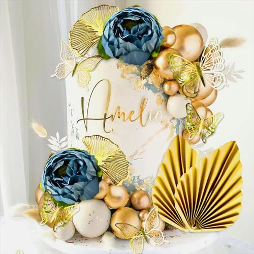 Boho Cake Decorations Gold Balls Cake Decoration Gold Palm Leaves Cake Topper Blue Flowers for Wedding Birthday Baby Shower Anniversary