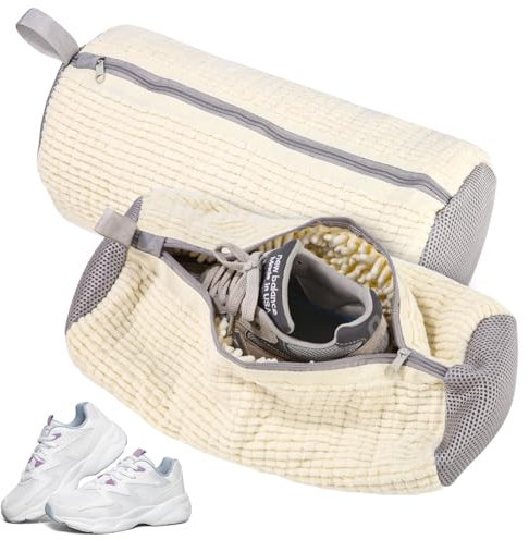 Bixury Bolsa Lavadora Zapatillas 2 Piezas, Bolsa para Lavar Zapatillas en Lavadora, Bolsas para Lavar Zapatos Protege los Zapatos e los Daños, con Pelusa de Limpieza a 360° (Blanco)
