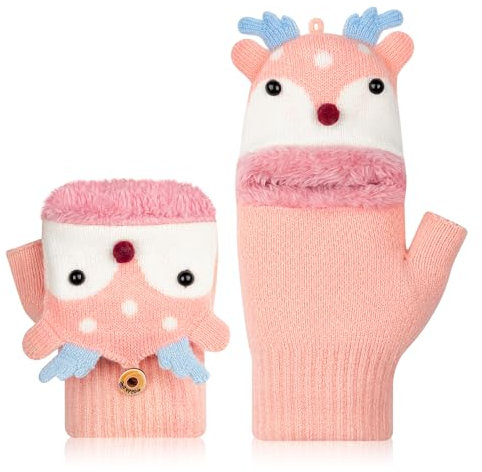 Kiiwah Gants sans Doigts pour Enfants, Convertibles Gants Demi-Doigt avec Doublure Cachemire Polaire Gants Hiver Tricoté Gants pour Fille Garçon Gants à Clapet pour Ski Velo École 3-8 Ans