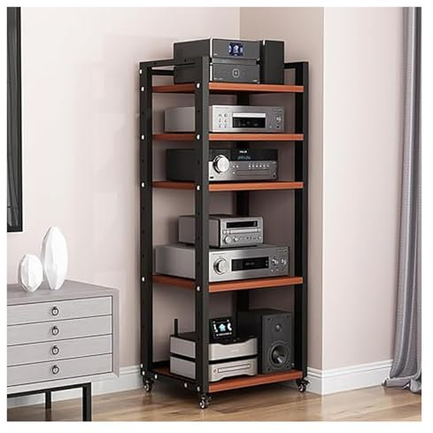 meuble chaine hifi Support De Stockage De Composants Audio Multicouche, Support Multimédia À 5 Niveaux Avec Roulettes, Support De Lecteur Multimédia AV Avec Étagères Réglables, Support Multimédia Avec