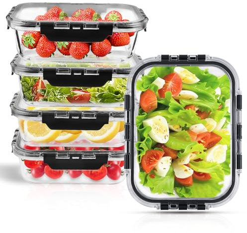 CORESLUX Glass Meal Prep Containers with Lids, 5-Pack Glass Containers Set with Snap Lock Leakproof PET Lids, Reusable Airtight Glass Food Storage Containers, Dishwasher Safe BPA-free Lunch Boxes.