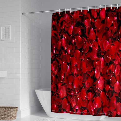 Calefee Petit Rideau de Douche 90x180, Rideaux de Douche Polyester Motif Pétales de Rose Rouges, Rideau de Douche Imperméable avec Oeillets