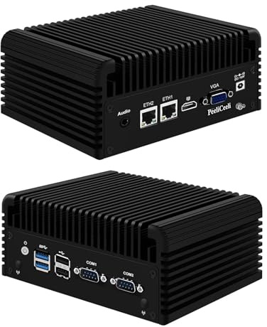 PeeliCeeli Lüfterlos Mini PC Celeron N2840, Low Power Industrial Computer with Dual Gigabit LAN, 2 x COM RS232 Micro Desktop Computer with 8GB RAM 128GB SSD, HD, VGA, WiFi5/BT4.2